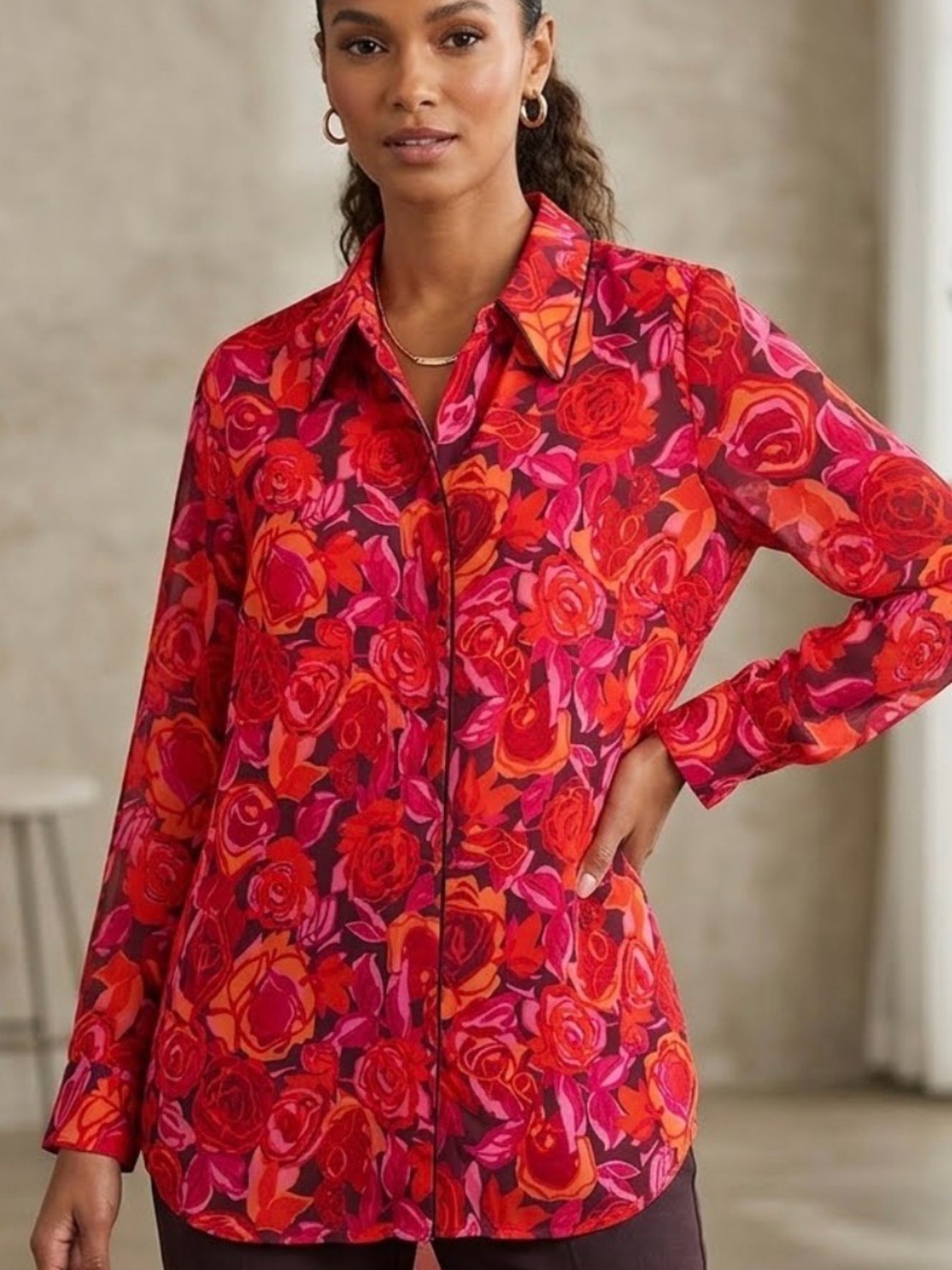 Vibrant Red and Pink Long Sleeve Graphic Button Down